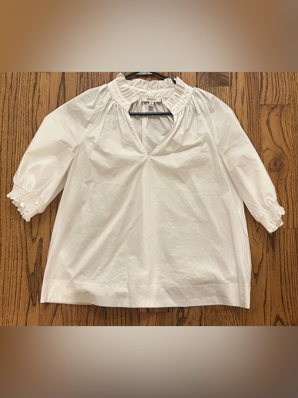 Avara White Ruffled V-Neck Cotton Blouse